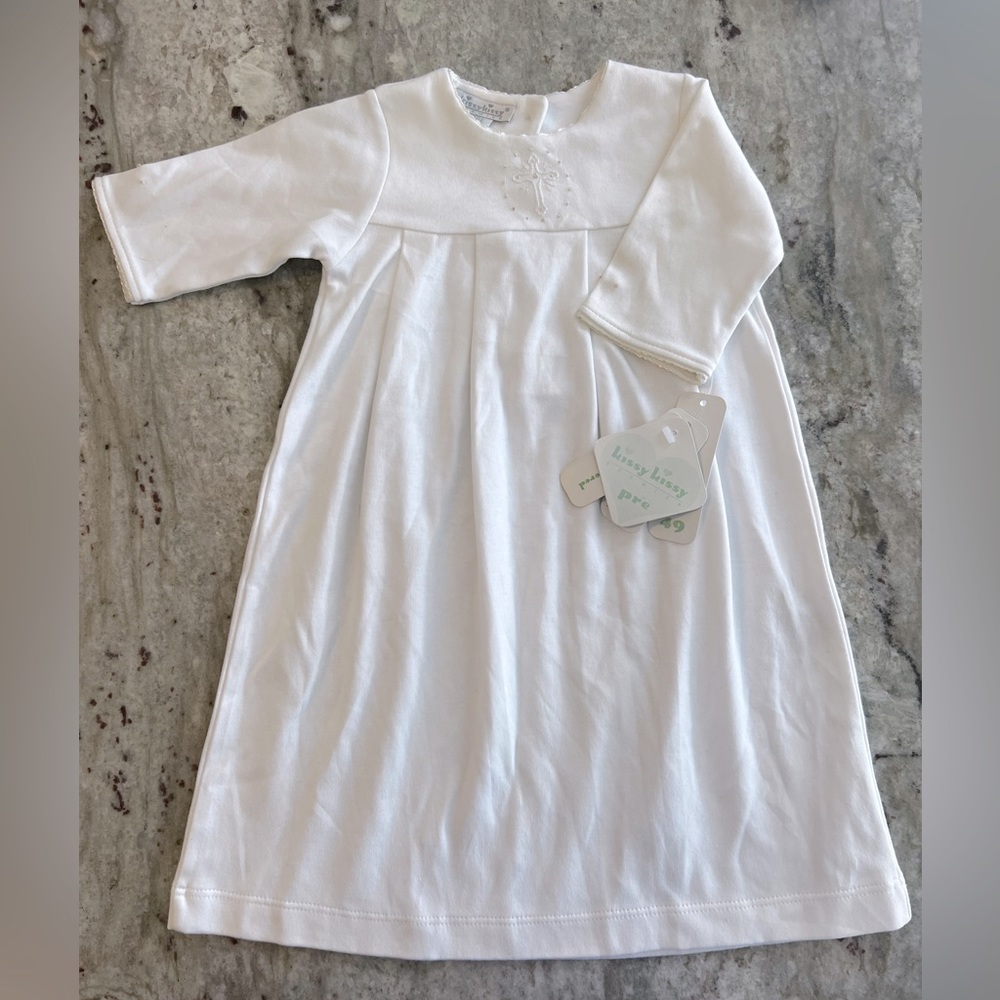 Kissy kissy preemie white gown with cross